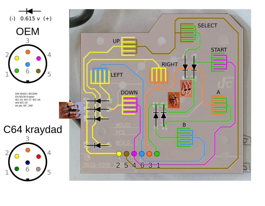 Traced wiring of the MegaDuck Quique mouse gamepad PCB